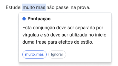 Captura do Corretor a assinalar um erro de pontuação.