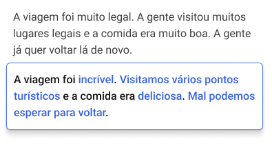 Captura do Reescrever a reformular um texto completo, com as alterações destacadas a azul.