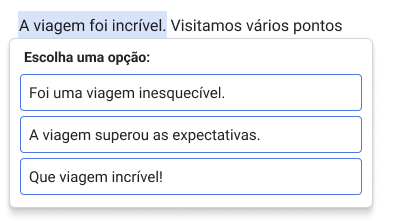 Captura do Reescrever a sugerir novas versões de uma frase selecionada.
