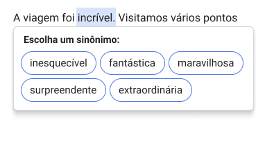 Captura do Reescrever a sugerir sinônimos para uma palavra selecionada.