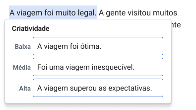 Captura do Reescrever com os níveis de criatividade Baixa, Média e Alta.