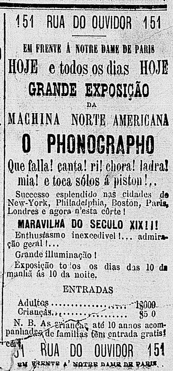 Anúncio de uma exposição de fonógrafos em 1879 no Rio de Janeiro. A palavra era escrita com PH em vez de F.