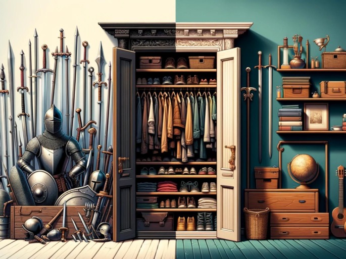 Contraste entre o armário como um local em que se guardavam apenas armas, para depois guardar roupas e outros objetos.