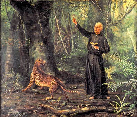 José de Anchieta pregando o evangelho próximo a uma jaguatirica.