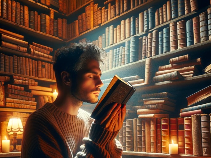 Homem cheirando um livro em uma biblioteca