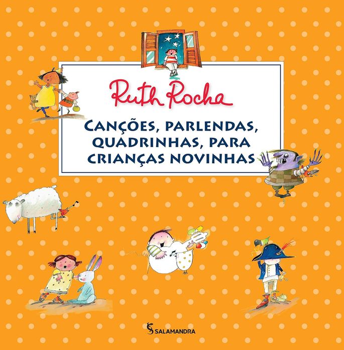 Capa do livro Canções, Parlendas, Quadrinhas, para Crianças Novinhas. Ao redor do título, há várias ilustrações coloridas de crianças e animais envolvidos em diferentes atividades.
