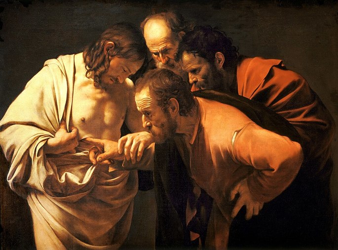 A pintura apresenta Tomé colocando um dedo na ferida do lado de Jesus, com dois outros apóstolos assistindo a cena. Os quatro estão dispostos em um fundo neutro e escuro. Jesus irradia a luz que incide sobre os demais personagens.