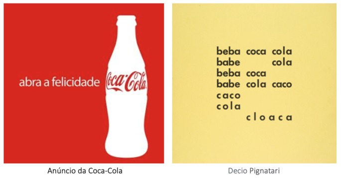 Anúncio da Coca-cola em que se diz: Abra a felicidade. Coca-cola. Poema de Décio Pignatari: Beba coca cola babe cola beba coca babe cola caco caco cola cloaca.