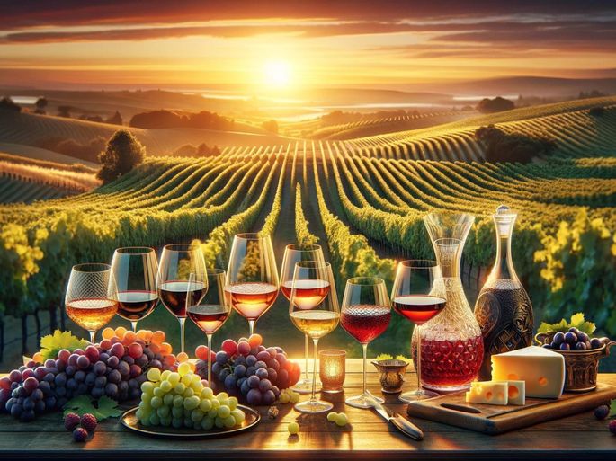 Imagem de um vinhedo com uma mesa posta, apresentando uma variedade de vinhos em taças, acompanhados de uvas verdes e roxas, além de uma seleção de queijos.