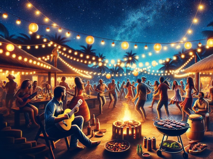 festa de noite, com música, dança, luzes e churrasco