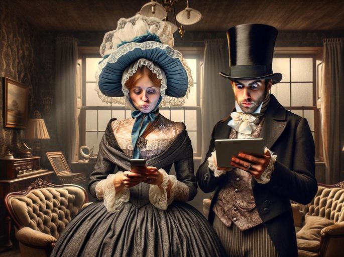 Um casal está de pé, vestido com trajes do século 18, com expressões concentradas enquanto usam dispositivos eletrônicos para pesquisar palavras antigas.